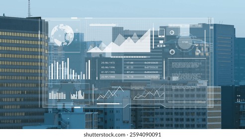 Image of financial data processing over cityscape. Global finance, business, connections, computing and data processing concept digitally generated image.