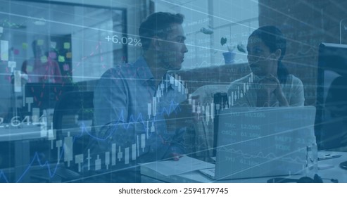 Image of financial data processing over diverse colleagues discussing work in office. Global office, finances, computing and digital interface concept digitally generated image.