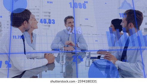 Image of financial data processing over diverse business people in office. Global finance, business, connections, computing and data processing concept digitally generated image. - Powered by Shutterstock - Get 15% off with code: PIKWIZARD15