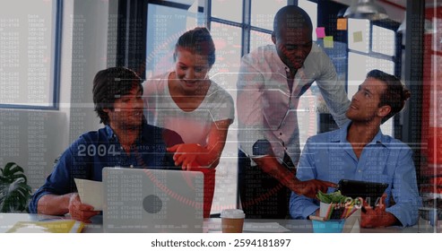 Image of financial data processing over diverse business people in office. Global finance, business, connections, computing and data processing concept digitally generated image.