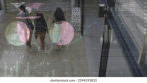 Image of financial data processing over diverse business people in office. Global finance, business, connections, computing and data processing concept digitally generated image.