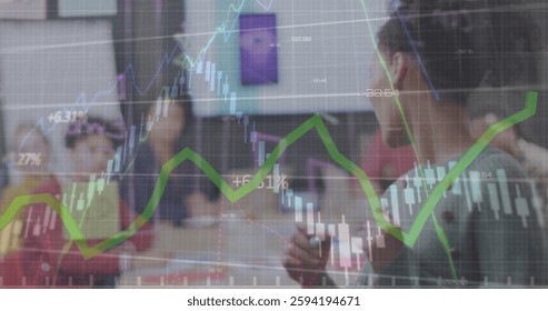 Image of financial data processing over diverse business people in office. Global finance, business, connections, computing and data processing concept digitally generated image.