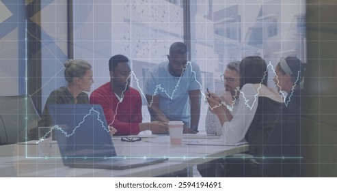 Image of financial data processing over diverse business people in office. Global finance, business, connections, computing and data processing concept digitally generated image.