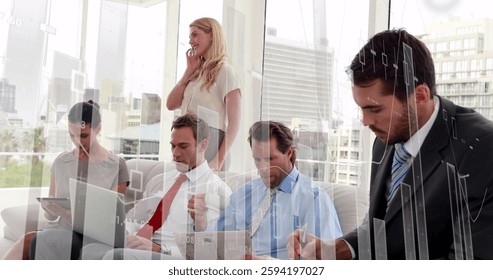Image of financial data processing over diverse colleagues having meeting in office. Global business, finances, computing and digital interface concept digitally generated image.