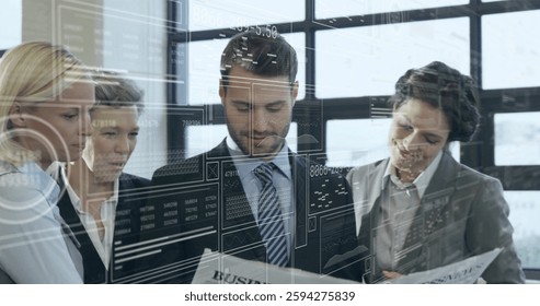 Image of financial data processing over diverse business people in office. Global finance, business, connections, computing and data processing concept digitally generated image.