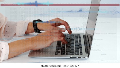 Image of financial data processing over caucasian businessman using laptop. Global finance, business, connections, computing and data processing concept digitally generated image.
