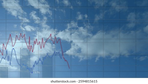 Image of financial data processing over clouds background. Global finance, business, connections, computing and data processing concept digitally generated image.