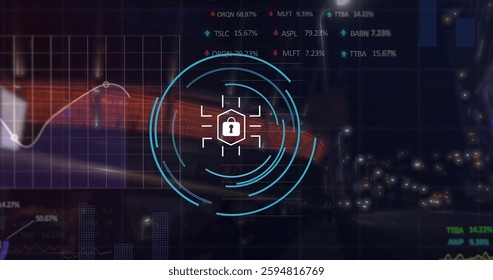 Image of financial data processing over padlock icon. Global finance, business, connections, computing and data processing concept digitally generated image.