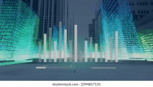 Image of financial data processing over cityscape. Global business, connections, computing and data processing concept digitally generated image.