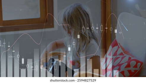 Image of financial data processing over caucasian girl with vr headset. Global technology, finance, business, connections, computing and data processing concept digitally generated image.