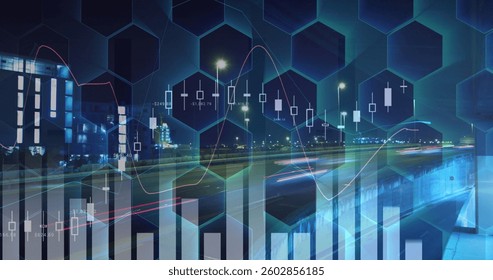 Image of financial data processing over hexagons and cityscape at night. digital interface global connection concept digitally generated image.