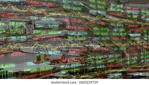 Image of financial data processing over cityscape. global finance, business, connections, data processing and technology concept digitally generated image.