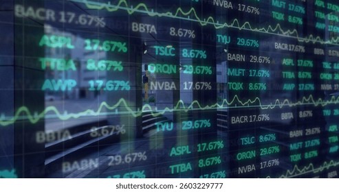 Image of financial data processing over road traffic and empty office. global finance, business, connections, data processing and technology concept digitally generated image.