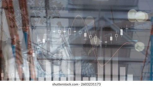Image of financial data processing over tired man using computer. global business, data processing, digital interface, technology concept digitally generated image.