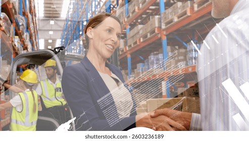 Image of financial data processing over woman holding digital tablet shaking hands with businessman. global digital business and financial network digitally generated image. - Powered by Shutterstock - Get 15% off with code: PIKWIZARD15