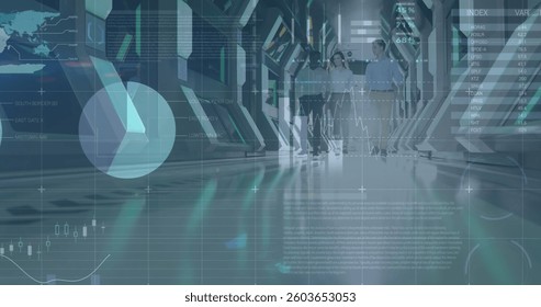 Image of financial data processing over business people. global business, connections and data processing concept digitally generated image.