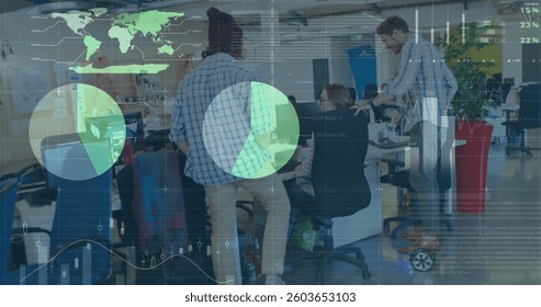 Image of financial data processing over business people. global business, connections and data processing concept digitally generated image.