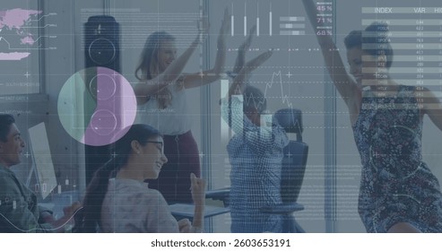 Image of financial data processing over business people. global business, connections and data processing concept digitally generated image.