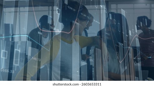 Image of financial data processing over business people. global business, connections and data processing concept digitally generated image.