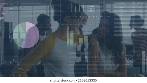 Image of financial data processing over business people. global business, connections and data processing concept digitally generated image.