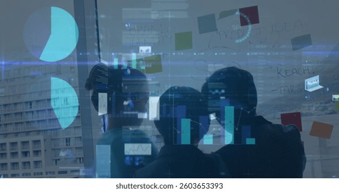 Image of financial data processing over business people. global business, connections and data processing concept digitally generated image.