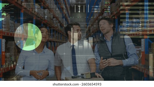 Image of financial data processing over people working in warehouse. global shipping, delivery and connections concept digitally generated image.