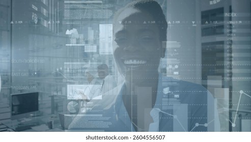 Image of financial data processing over businesswoman smiling in office. global finance, business and digital interface concept digitally generated image.