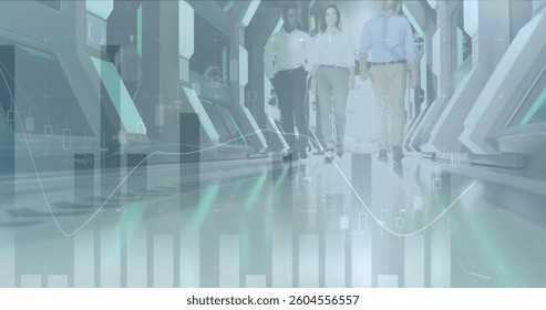 Image of financial data processing over business people walking in office. global finance, business and digital interface concept digitally generated image.