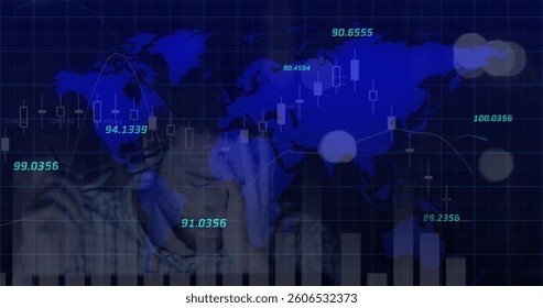 Image of financial data processing over world map and man. global finance, business and digital interface concept digitally generated image.