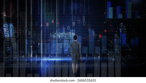 Image of financial data processing over businesswoman and cityscape. global business, connections, digital interface and technology concept digitally generated image.