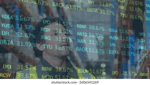 Image of financial data processing over man working in warehouse. global shipping and connections concept digitally generated image.