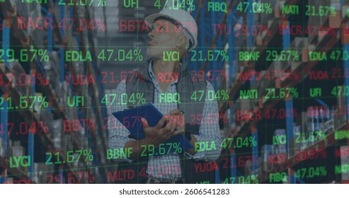 Image of financial data processing over man working in warehouse. global shipping and connections concept digitally generated image.