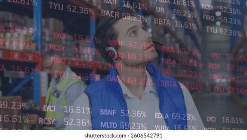 Image of financial data processing over man working in warehouse. global shipping and connections concept digitally generated image.