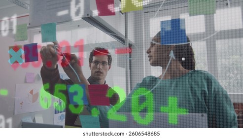 Image of financial data processing over business people talking in office. global business, finances, connections and digital interface concept digitally generated image.