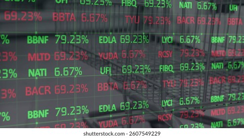 Image of financial data processing over shop interiors. global shopping, connections, business, digital interface, technology and networking concept digitally generated image.