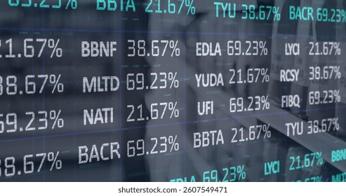 Image of financial data processing over shop interiors. global shopping, connections, business, digital interface, technology and networking concept digitally generated image.