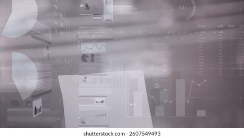 Image of financial data processing over shop interiors. global shopping, connections, business, digital interface, technology and networking concept digitally generated image.
