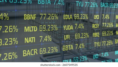 Image of financial data processing over shop interiors. global shopping, connections, business, digital interface, technology and networking concept digitally generated image.