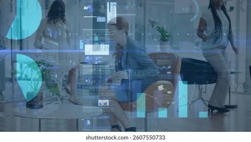 Image of financial data processing over business people in office. global business, finances, data processing and connections concept digitally generated image.
