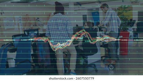 Image of financial data processing over business people working in office. global business, connections, digital interface and technology concept digitally generated image.
