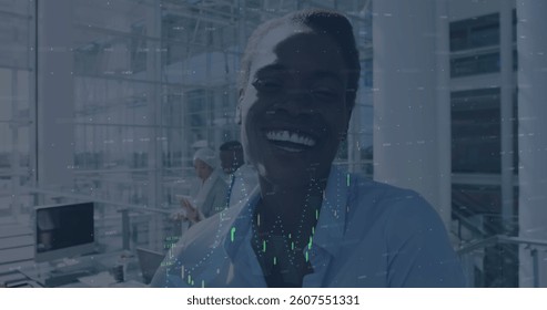 Image of financial data processing over smiling businesswoman in office. global business, finances, data processing and connections concept digitally generated image.
