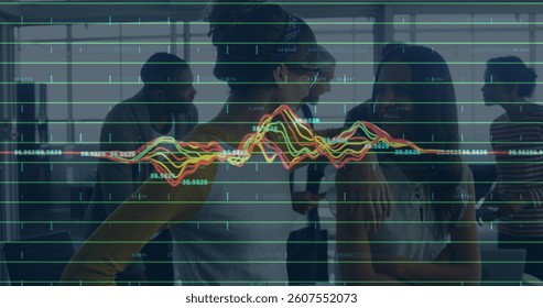 Image of financial data processing over business people working in office. global business, connections, digital interface and technology concept digitally generated image.