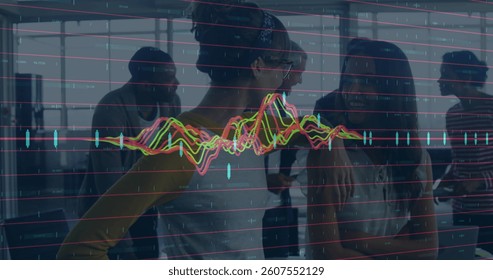 Image of financial data processing over business people working in office. global business, connections, digital interface and technology concept digitally generated image.