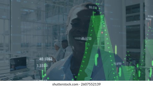 Image of financial data processing over businesswoman smiling in office. global business, finances, data processing and connections concept digitally generated image.