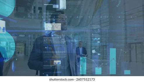 Image of financial data processing over businessman in office. global business, finances, data processing and connections concept digitally generated image.