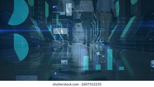 Image of financial data processing over business people working in office. global business, connections, digital interface and technology concept digitally generated image.