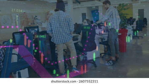 Image of financial data processing over business people in office. global business, finances, data processing and connections concept digitally generated image.