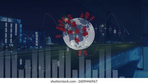 Image of financial data processing over location pins on globe and cityscape. global shipping, delivery and shopping concept digitally generated image. - Powered by Shutterstock - Get 15% off with code: PIKWIZARD15