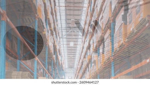 Image of financial data processing over warehouse. global business, data processing, digital interface, technology and shipping concept digitally generated image.