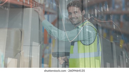 Image of financial data processing over smiling man working in warehouse. global business, data processing, digital interface, technology and shipping concept digitally generated image.